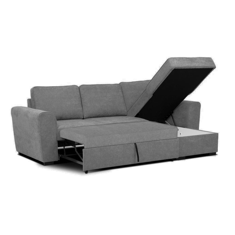 Divano letto penisola reversibile con contenitore in tessuto grigio 251.5x159.5x86H Aston