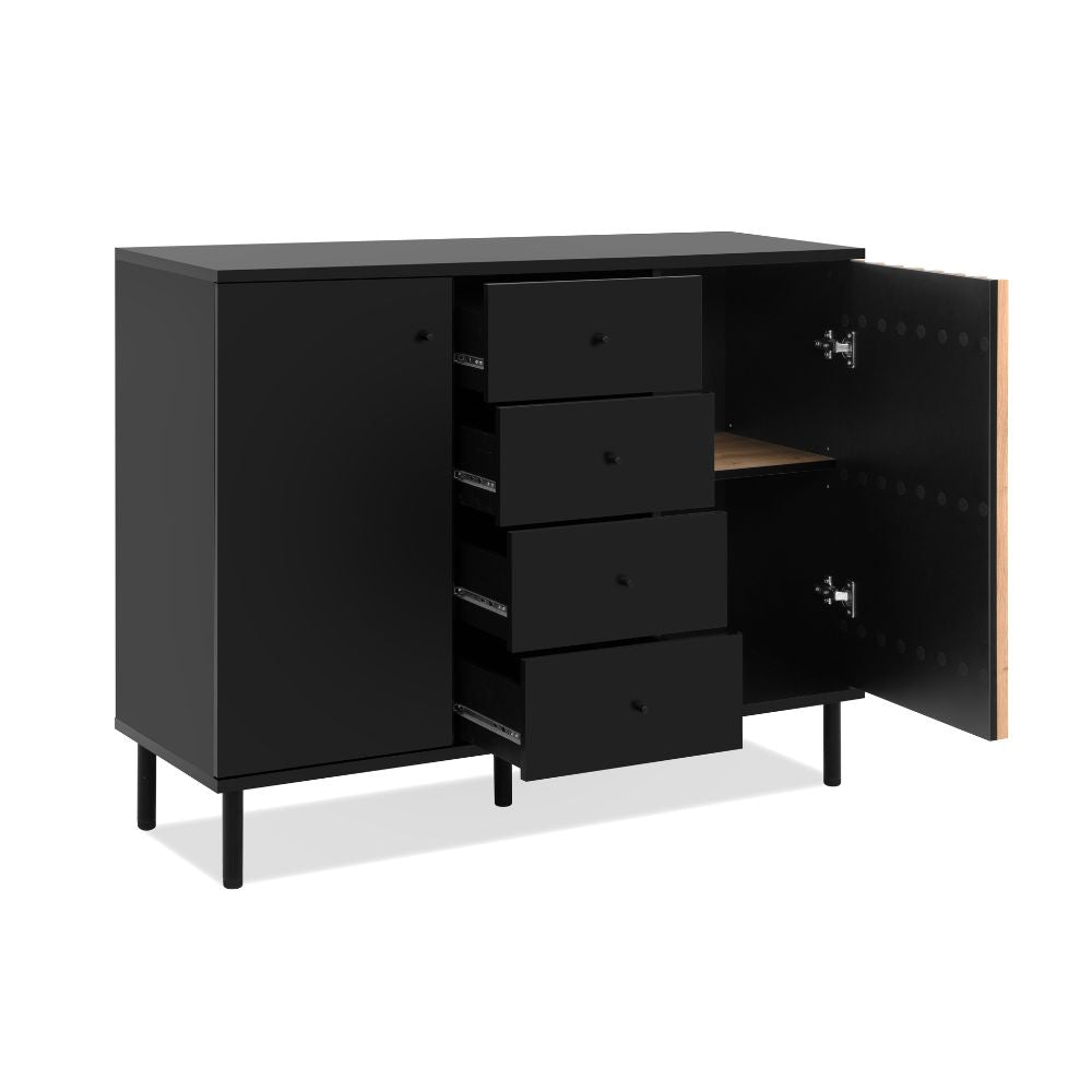 Madia con 2 ante e 4 cassetti colore nero con listelli rovere 118x90H cm - Bresso