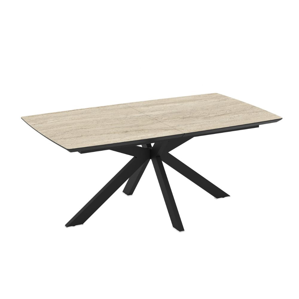 Table extensible plateau effet marbre travertin beige et piètement noir 180/240x100x76H Verano