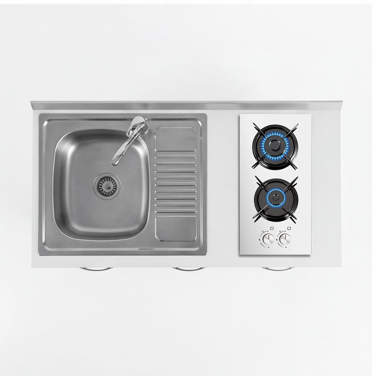 Coin cuisine avec tiroirs et portes couleur blanc mélèze évier et plaque de cuisson 120x60x85H cm