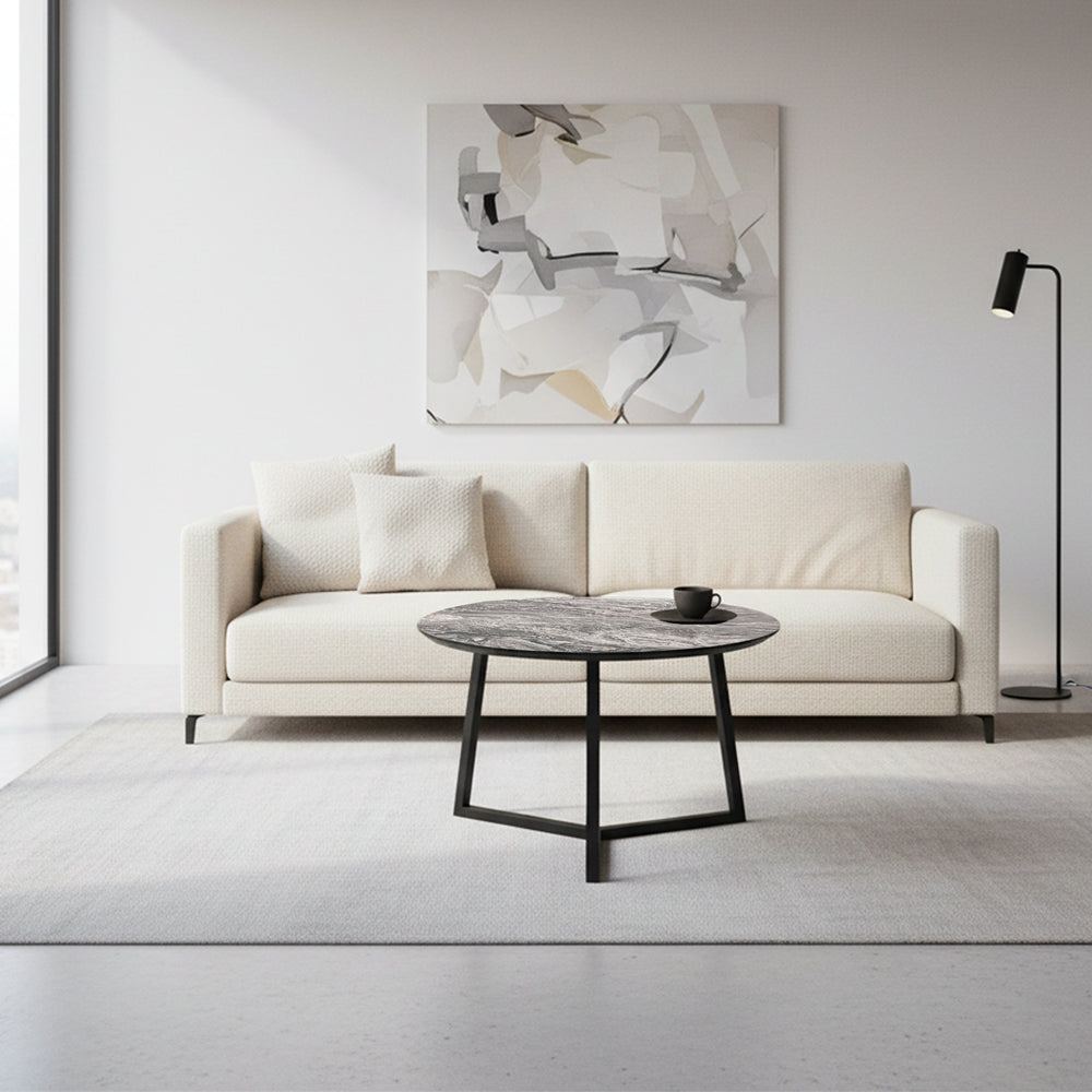 Tavolino da salotto con piano effetto marmo nero arabesque e gambe nere Klint
