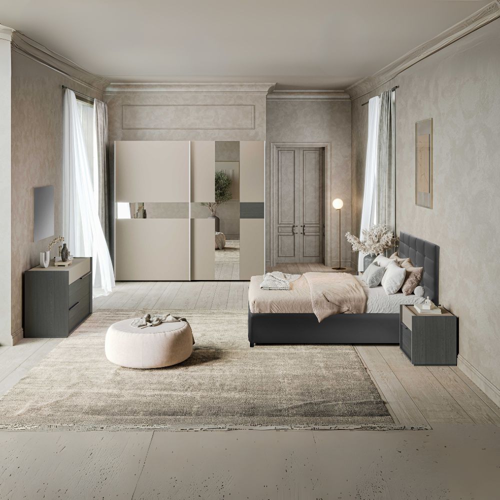 Chambre complète avec armoire coulissante avec miroirs et lit coffre couleur gris et talc - Sonia