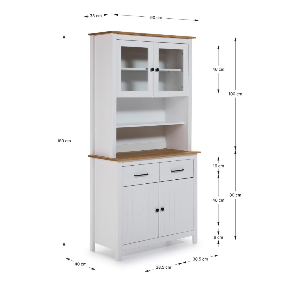 Credenza alta con vetrina in legno massiccio colore bianco e rovere 90x40x180H Miranda