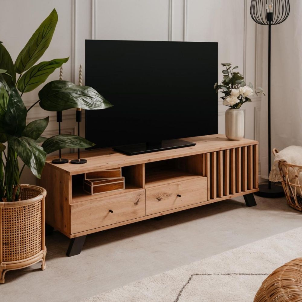 Mobile porta TV 138x44h con 2 cassetti e anta con vani a giorno colore rovere e antracite - Medan56A