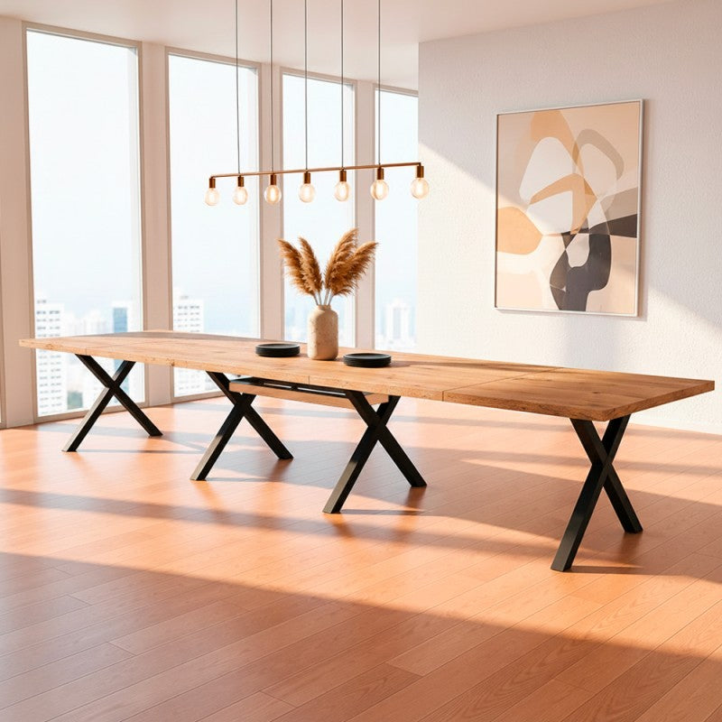 Tavolo allungabile 160 cm con piano rovere nodato e gambe incrociate antracite Milonga410
