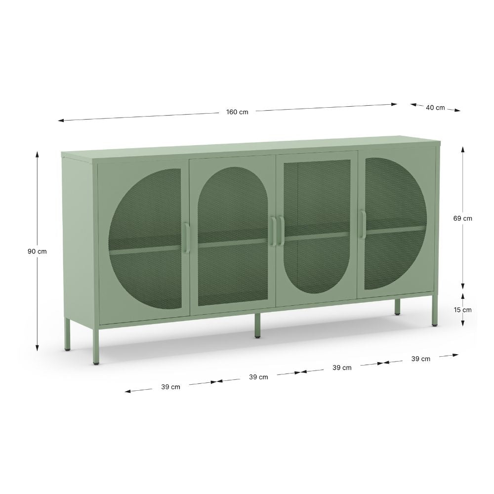 Credenza in metallo con 4 ante reticolate verde 160x40x90H cm - Tayra