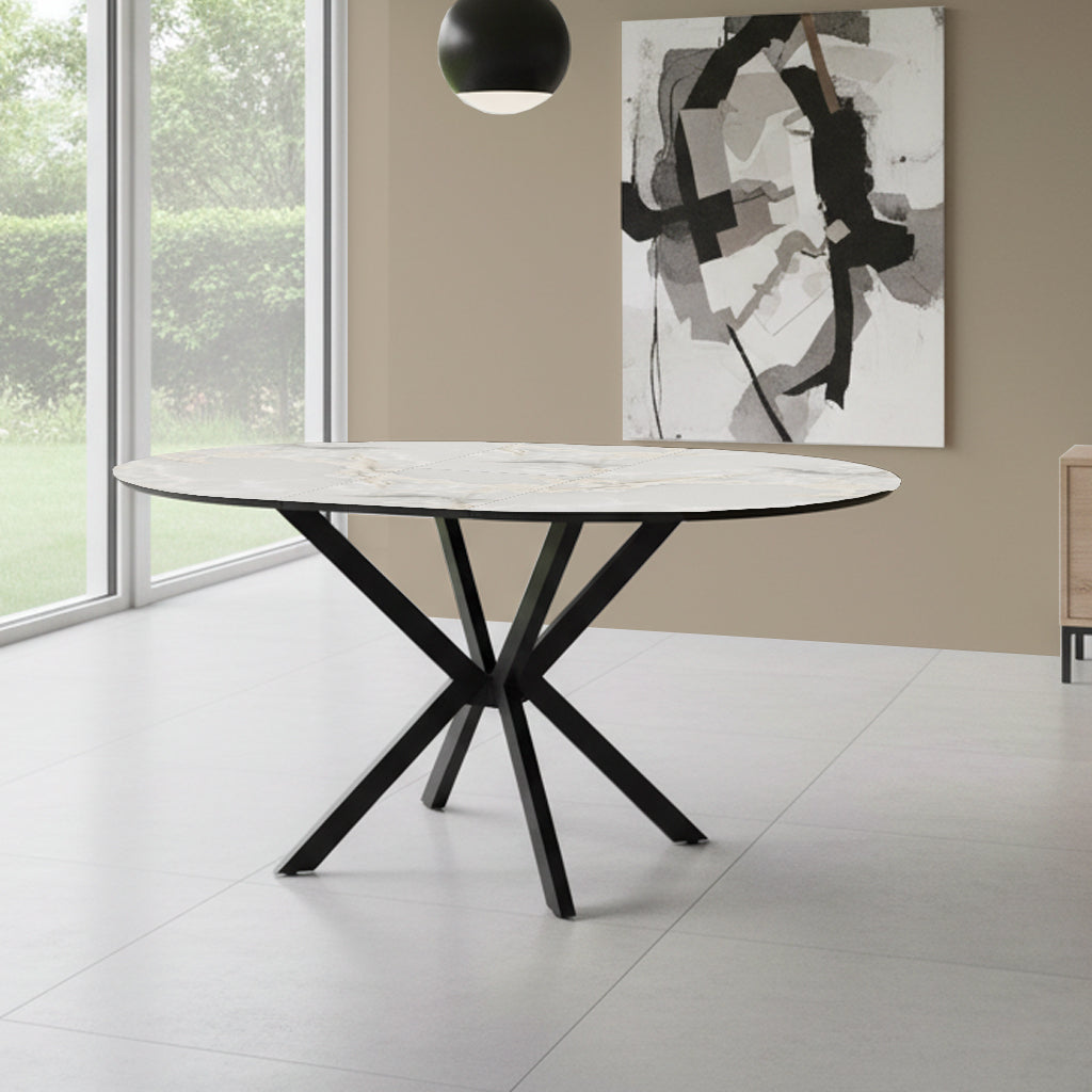 Tavolo rotondo allungabile effetto marmo bianco mola con gambe nere in metallo 110x110x76H Diano