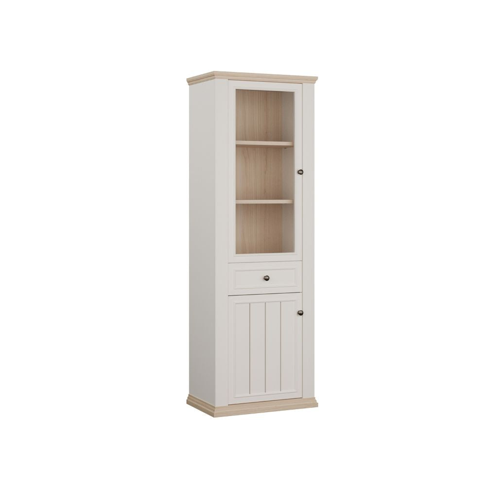 PNTV711-Q214 VITRINE IN WEISS UND EICHE MIT 2 TÜREN UND EINER SCHUBLADE