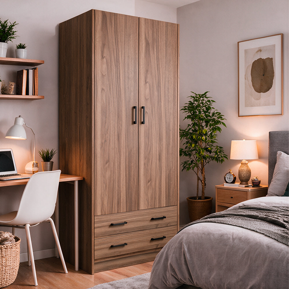 Armadio con due ante e cassetti colore noce naturale 91x52x210H cm - ARM290C