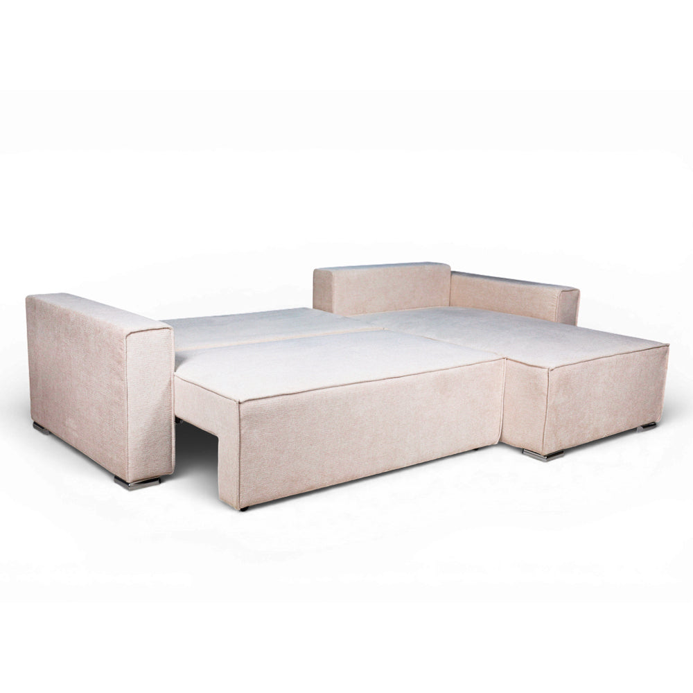 Divano angolare beige con letto Easy Open, contenitore e penisola reversibile Emily