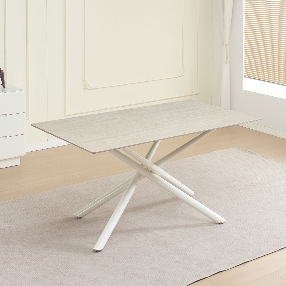 Table fixe Sand avec plateau en céramique beige et piètement en métal blanc 160x90x76H