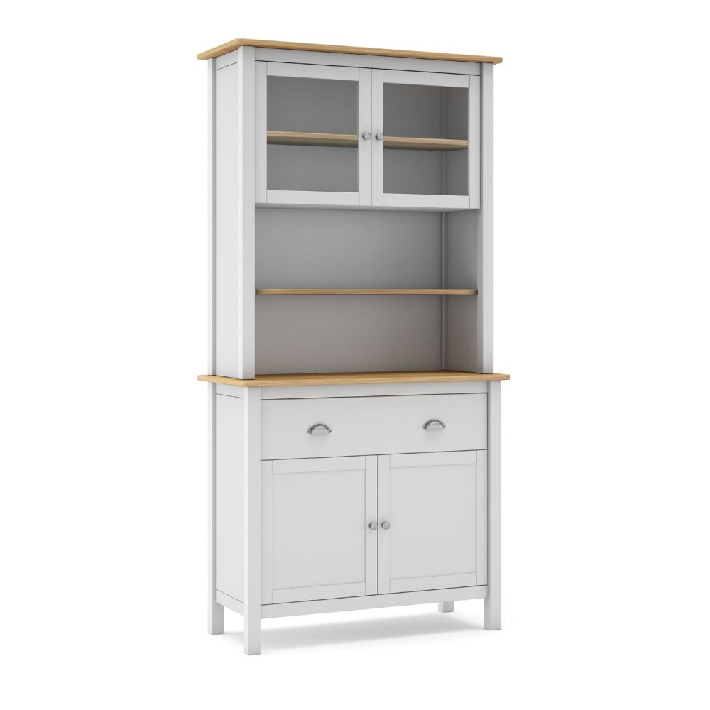 Credenza in legno massiccio con vetrina ante e cassetti colore bianco e rovere 90x40x180H cm - Herti