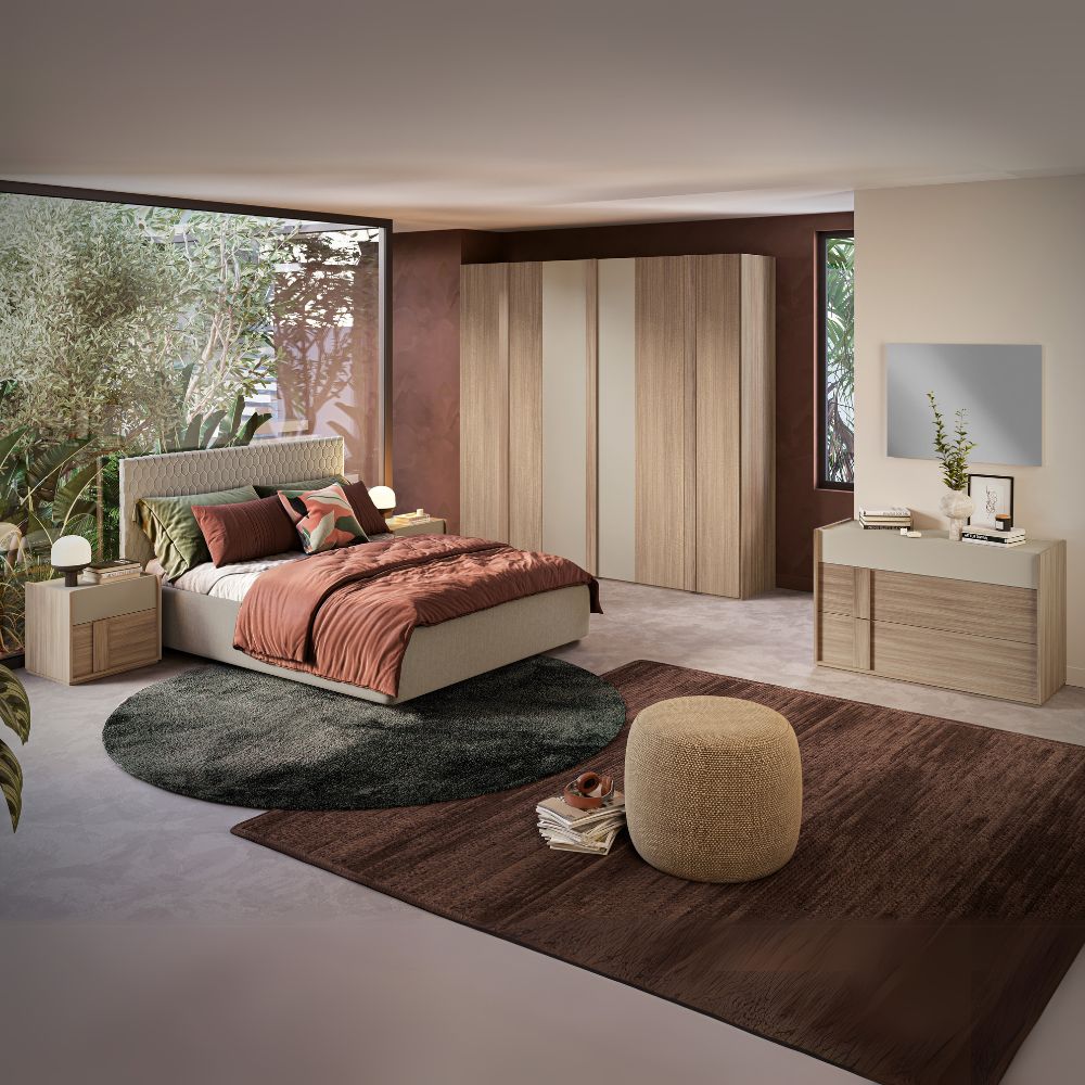 Camera da letto con armadio e letto contenitore colore noce e talco - Besanc