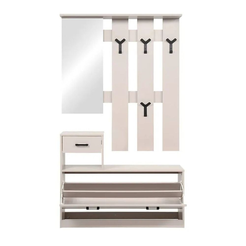 Mobile ingresso con specchio, appendiabiti, cassetto e scarpiera colore beige Rudolf