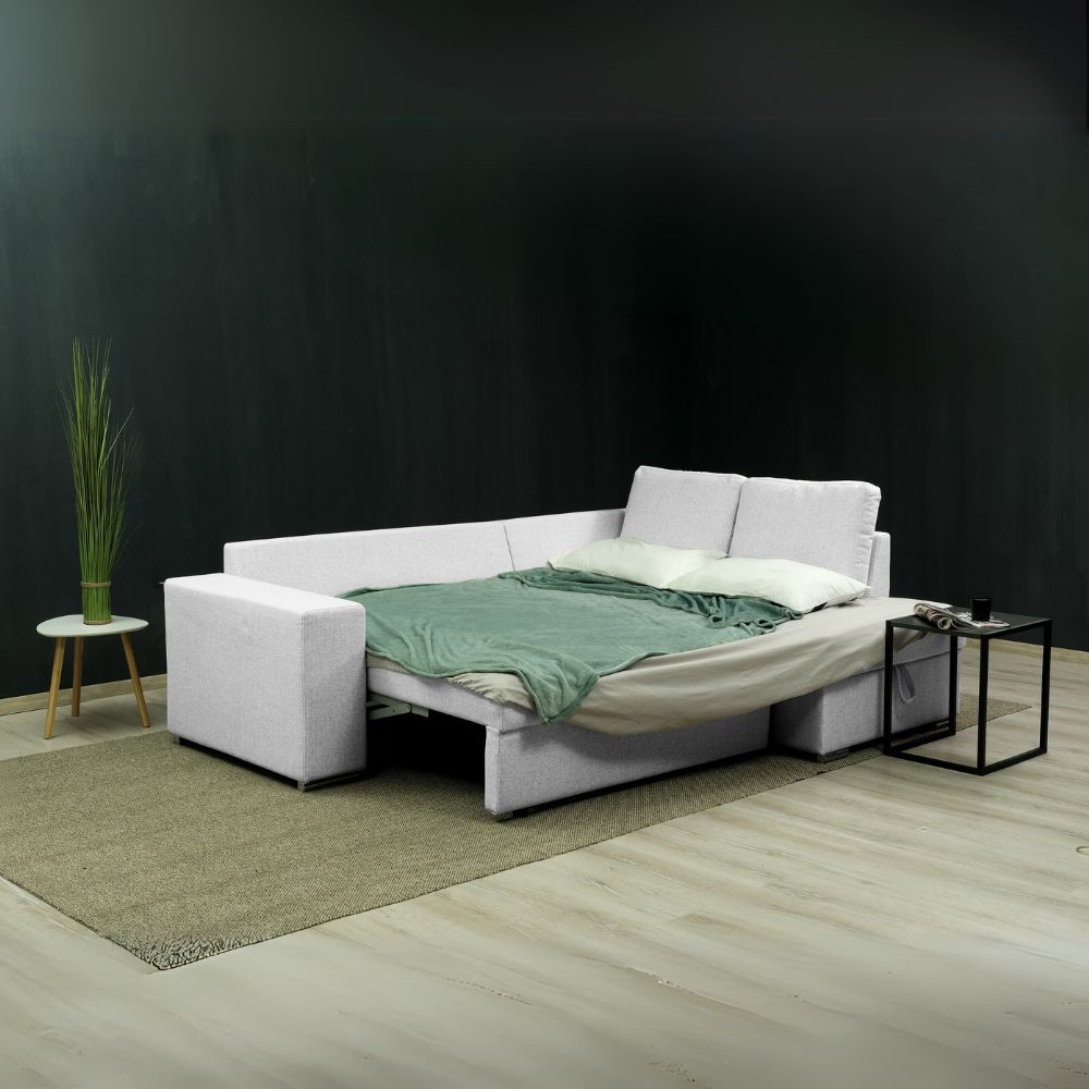 Divano letto angolare con penisola contenitore in tessuto grigio chiaro 248x176x92H Bali