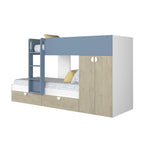 Letto a castello Gilbo per due bambini con armadio e cassetti colore rovere e azzurro
