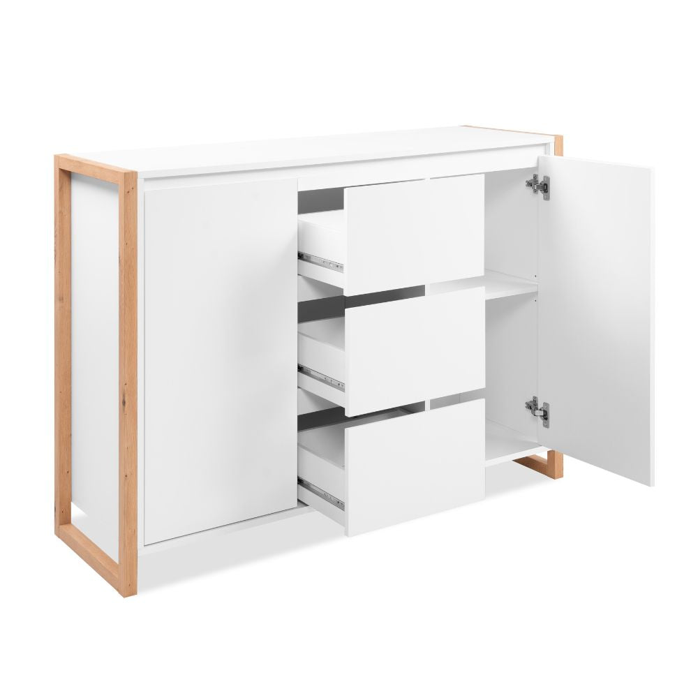 Credenza con 3 cassetti e 2 ante bianco e rovere 120x40x88H New Denver2