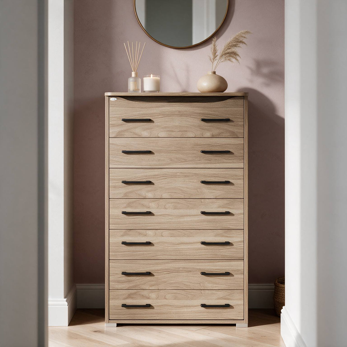 Commode à 7 tiroirs couleur noyer naturel 76x127H cm - Semainier Maxi