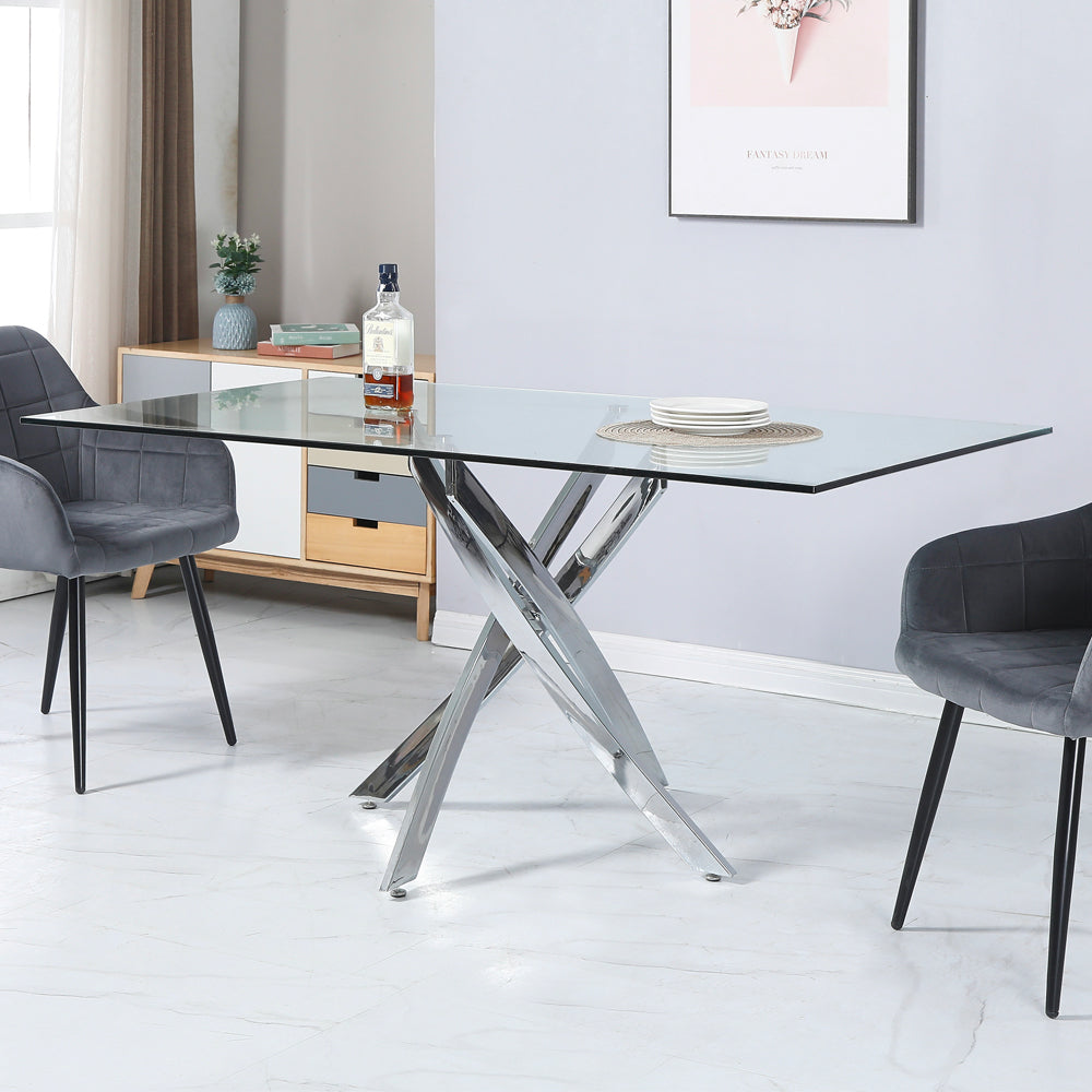 Tavolo 160×90 cm in vetro temperato con gambe incrociate cromate Peyton