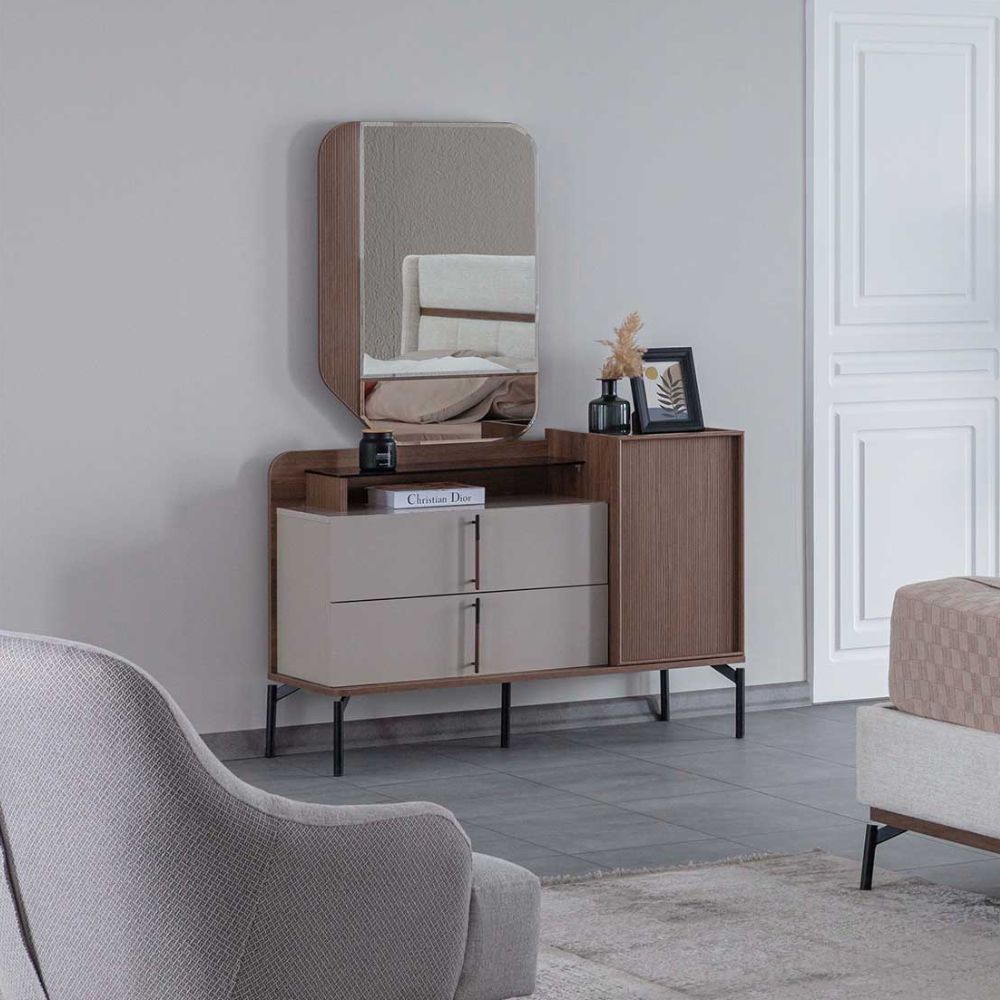 Camera da letto con letto contenitore e armadio con specchi colore beige e kaplan - Vega