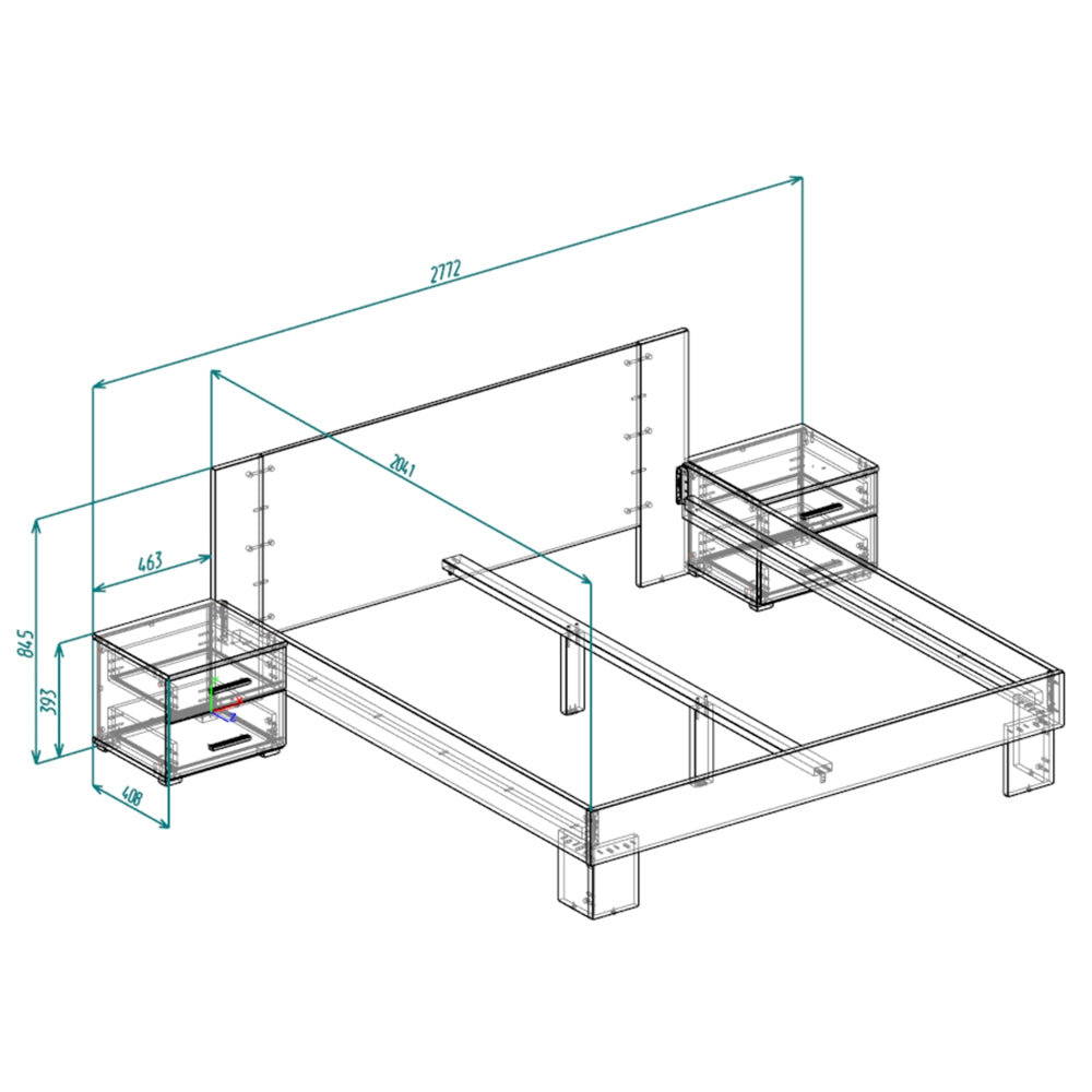 MERIA DOPPELBETT 180 CM MIT NACHTTISCHEN ANTHRAZIT/EICHE