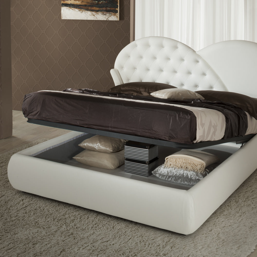 Letto matrimoniale con contenitore colore bianco e bottoni effetto cristallo - Marubi