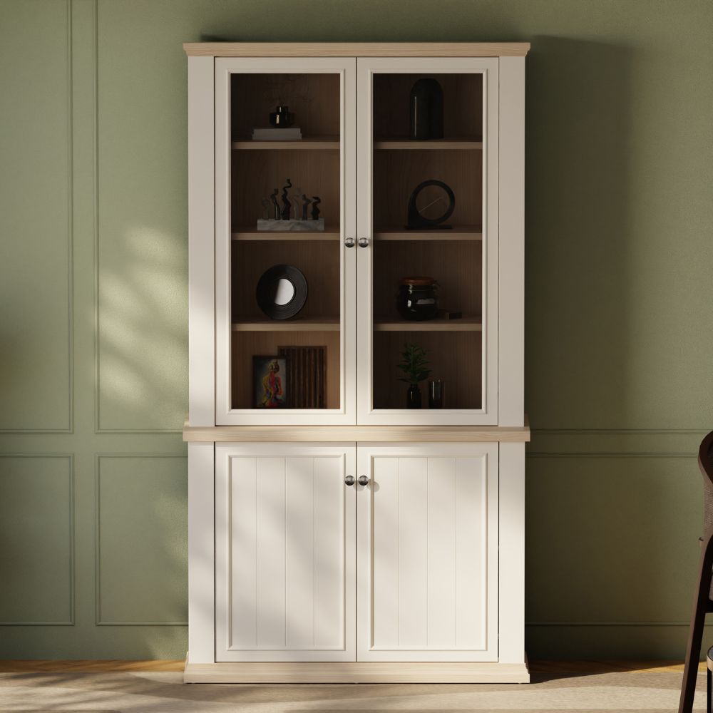 PNTV723-Q214 VITRINE WEISS / EICHE MIT 2 TÜREN