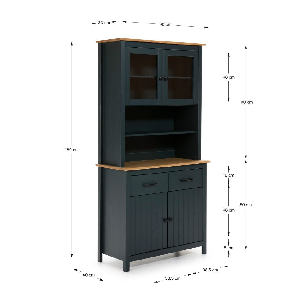 Credenza in legno massiccio con vetrina ante e cassetti colore blu e rovere 90x40x180H cm - Herti