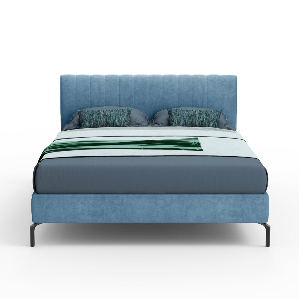 Letto matrimoniale colore blu con contenitore e testiera con cuciture verticali - Aki