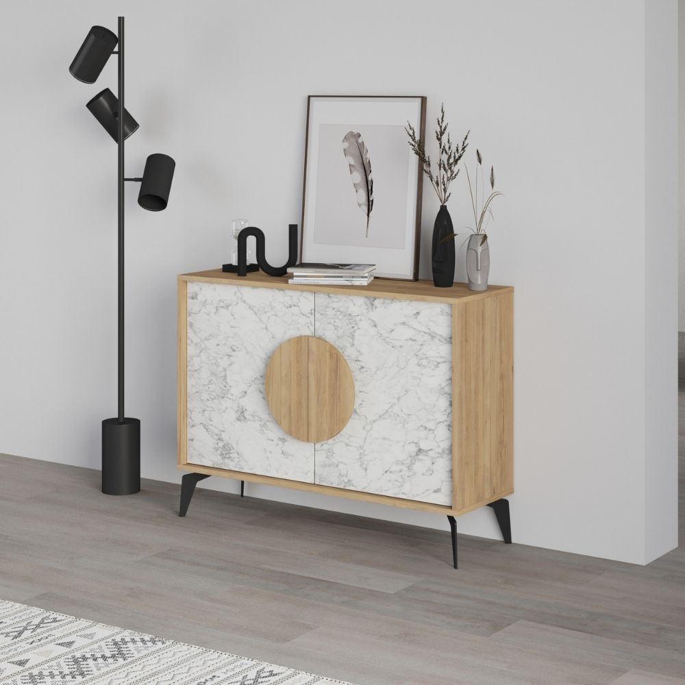 Madia 2 ante 110x35,6x82 colore bianco effetto marmo carrara e rovere Gora110