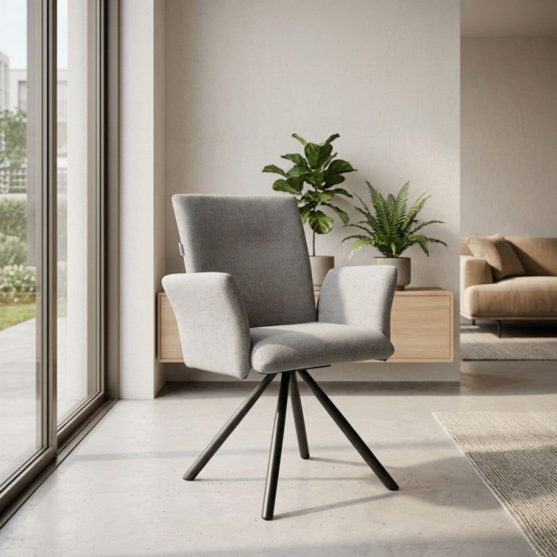 Lot de 2 Chaises avec accoudoirs en tissu gris et pieds en métal noir - Greta