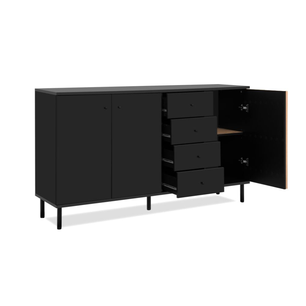 Madia con 3 ante e 4 cassetti colore nero con listelli rovere 160x90H cm - Bresso