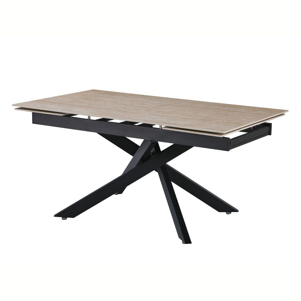 Tavolo allungabile piano in ceramica effetto marmo travertino e gambe in metallo nero 160x90x75.5H cm