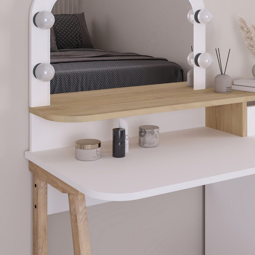 Toeletta da trucco bianco e rovere con specchio e luci LED 105x51.5x131H Avien