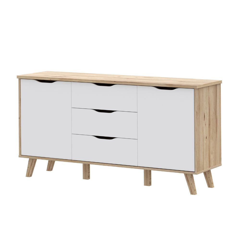 VNKK231-L25 SIDEBOARD AXIS EICHENSTRUKTUR MIT WEISSEN FRONTEN ZWEI TÜREN UND DREI SCHUBLADEN