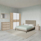 Chambre à coucher avec armoire 2 portes coulissantes et 2 battantes chêne blanc et lit Stiletto tourterelle Milk