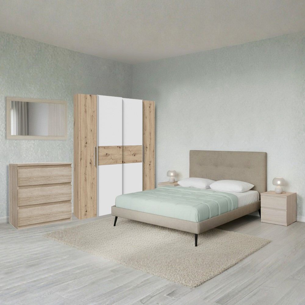 Chambre à coucher avec armoire 2 portes coulissantes et 2 battantes chêne blanc et lit Stiletto tourterelle Milk