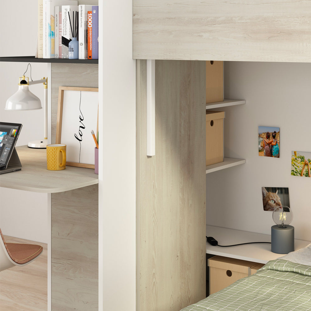 Etagenbett Bleki für zwei Kinder mit Schreibtisch und Kleiderschrank, Vintage-Weiß und Anthrazit