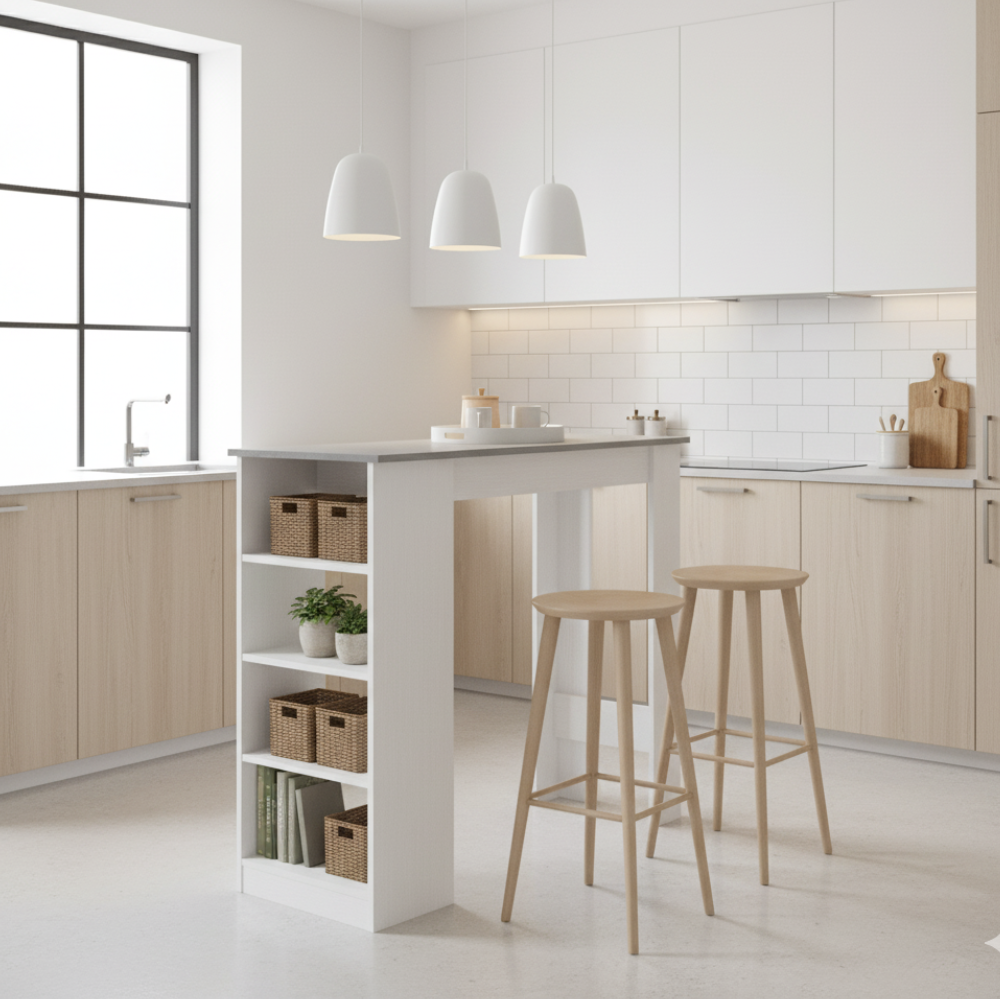 Tavolo snack alto con 3 ripiani laterali 112x49.6x103.5H colore bianco e cemento Kivo