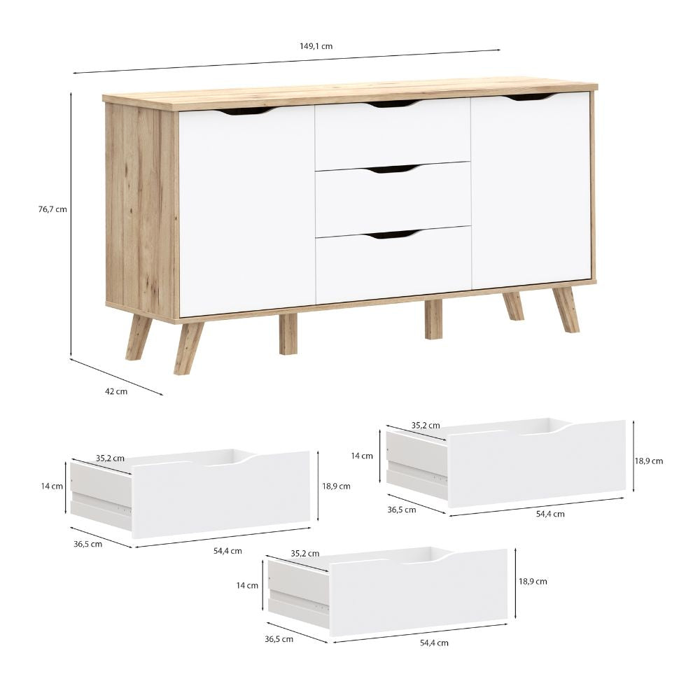 VNKK231-L25 SIDEBOARD AXIS EICHENSTRUKTUR MIT WEISSEN FRONTEN ZWEI TÜREN UND DREI SCHUBLADEN