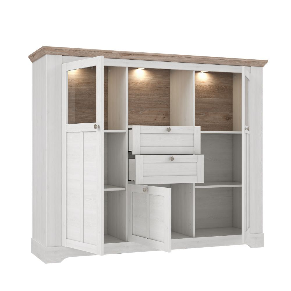 Credenza 3 ante in vetro temperato e luci LED rovere bianco neve e olmo scuro Forma