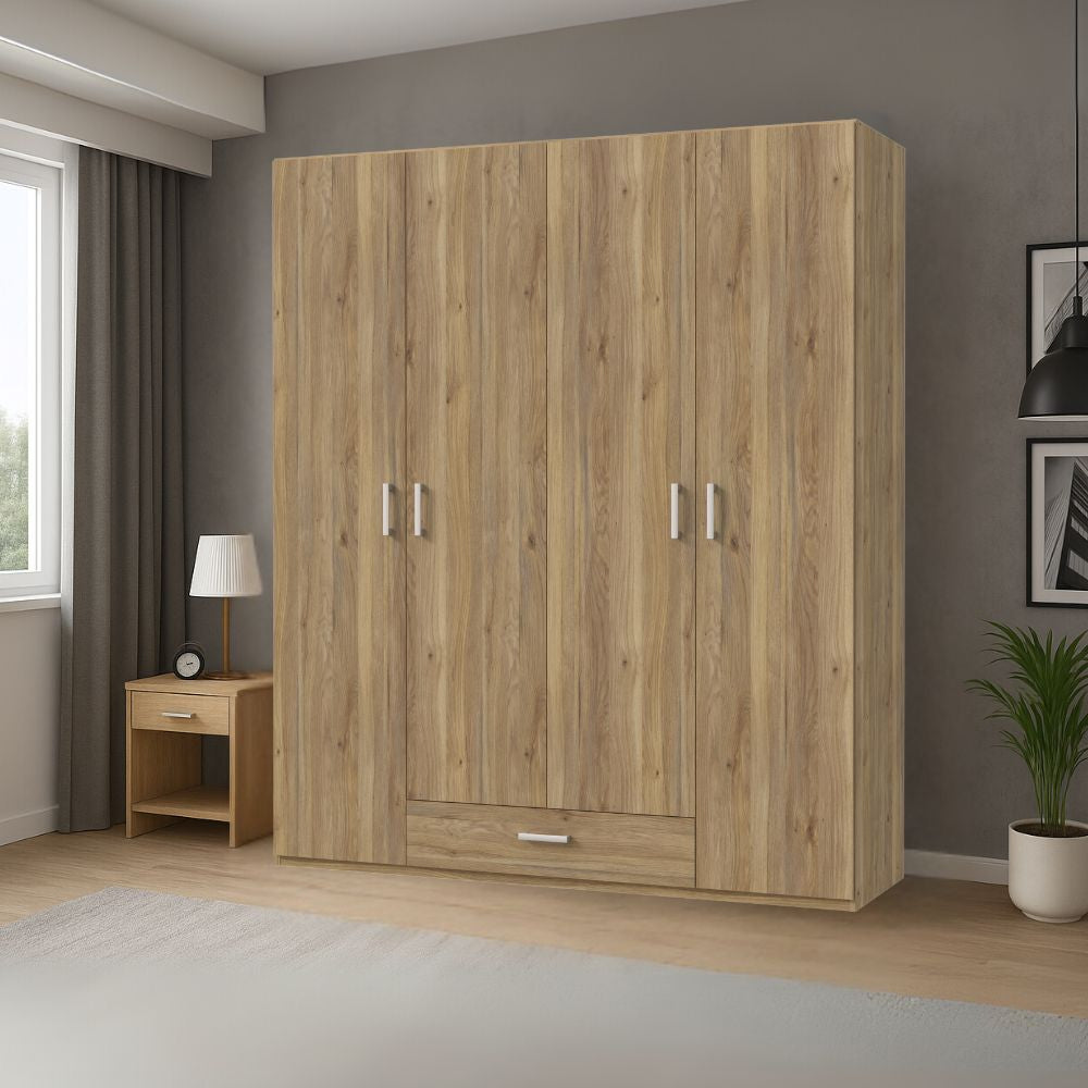 Kleiderschrank 4 Türen 1 Schublade Eichefarbe 177,5x54x210,5H Arcadia