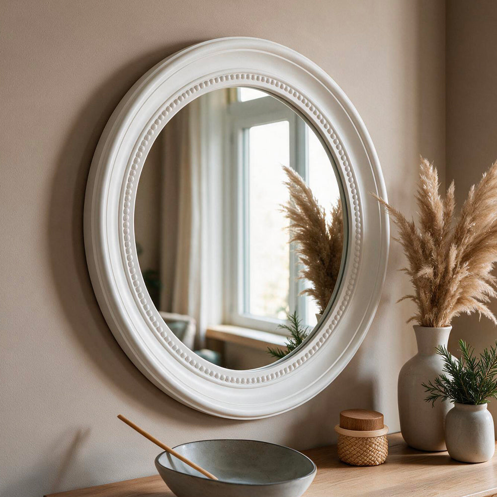 Specchio decorativo rotondo da parete 45x45 cm bianco con bordo interno perlinato MR512