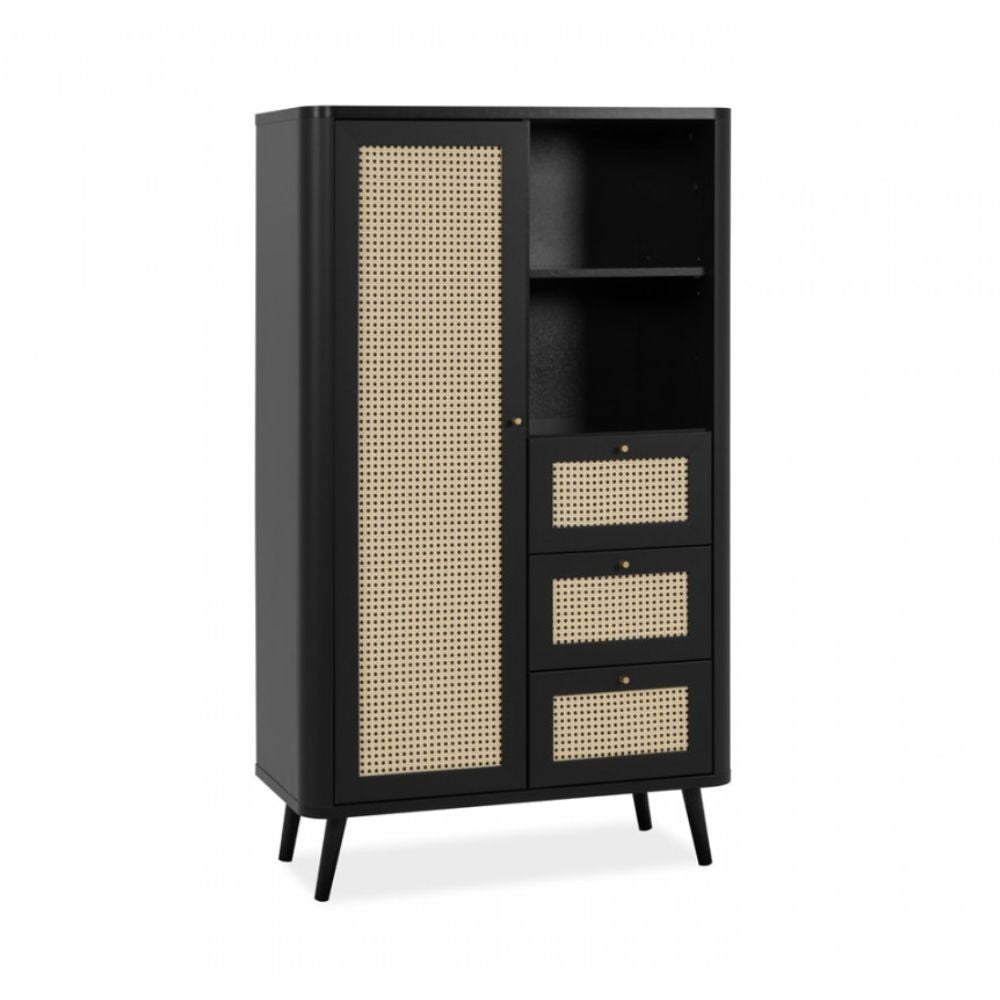 Credenza 180x141h cm con 3 cassetti e anta effetto rafia colore nera - KUTA53
