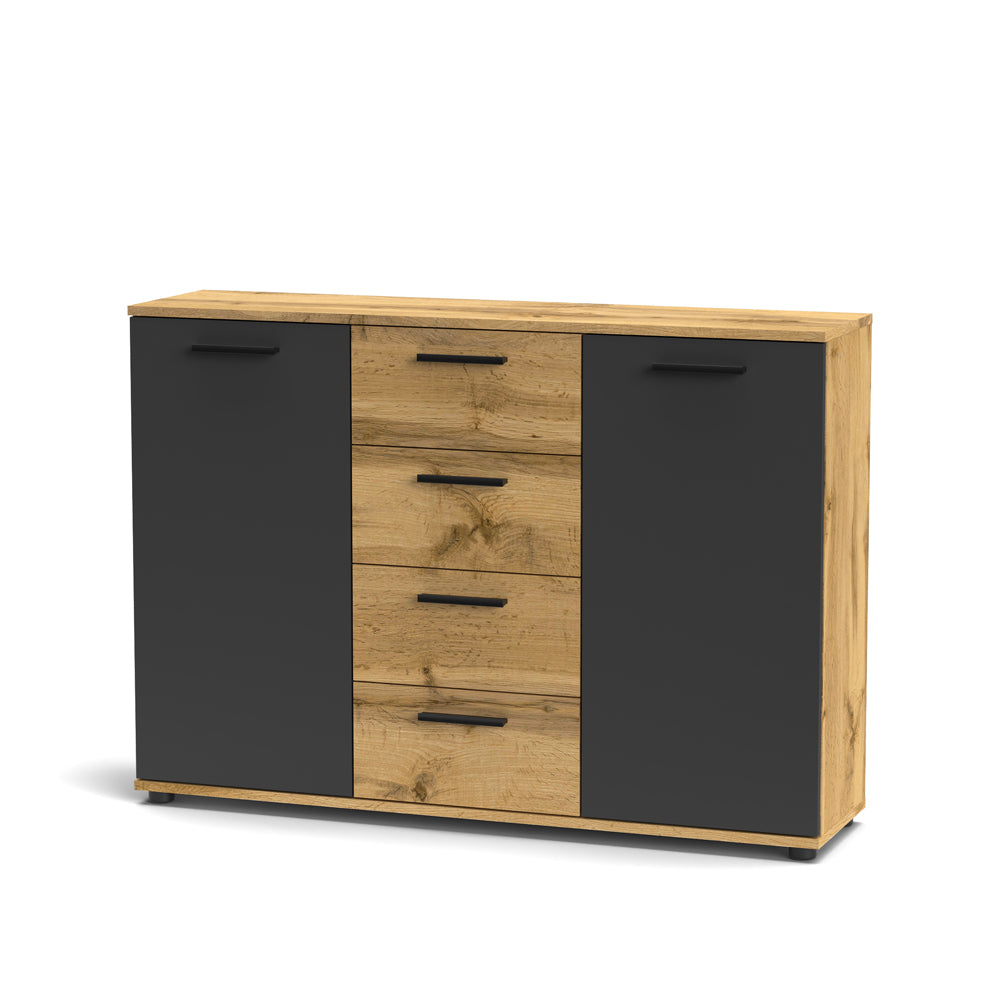 Credenza in legno con ante e cassetti colore rovere e antracite 120 cm - Berno