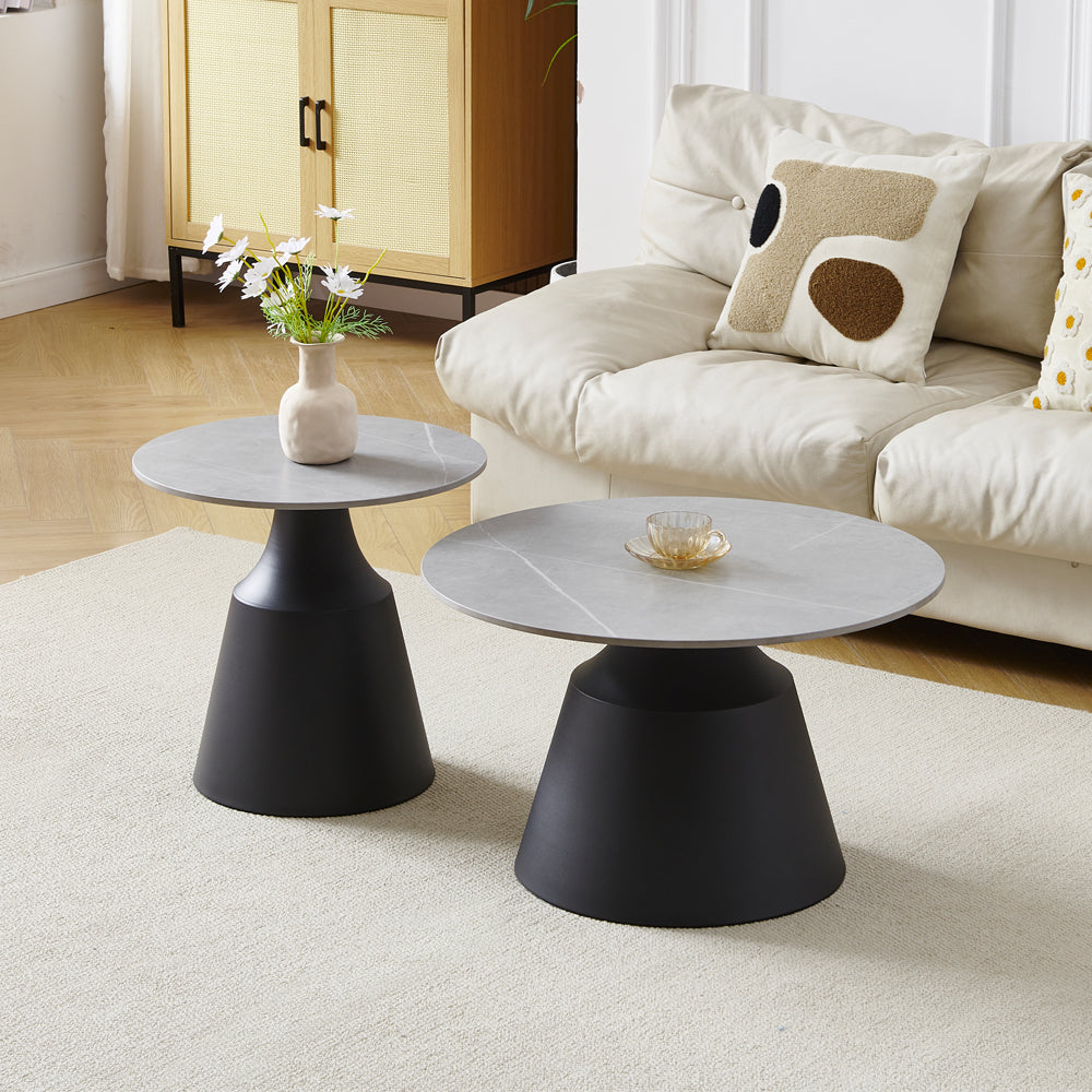 Set tavolini rotondi in ceramica grigio opaco con struttura in metallo nero Dual