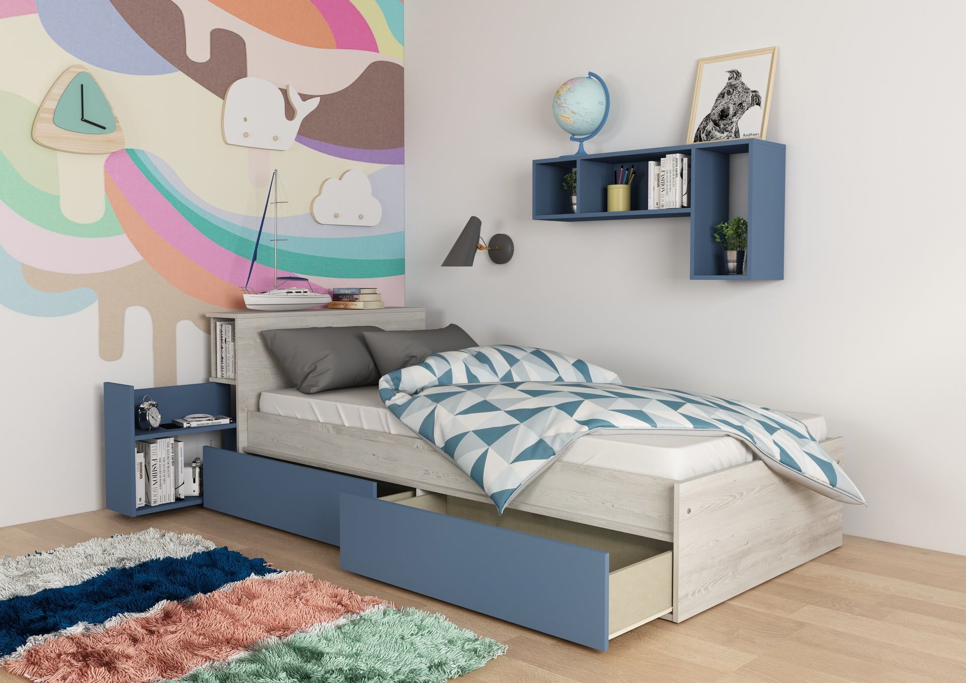 Letto singolo con comodino estraibile colore bianco e celeste