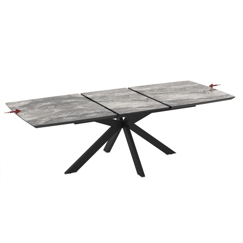 Ausziehbarer Tisch, Tischplatte mit schwarzer Arabesken-Marmoroptik und schwarzem Untergestell 180/240x100x76H Verano
