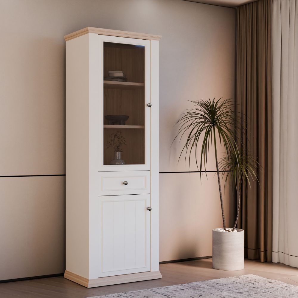 Vetrina 1 anta vetro e 1 anta con cassetto 202 cm colore bianco e rovere Essenza