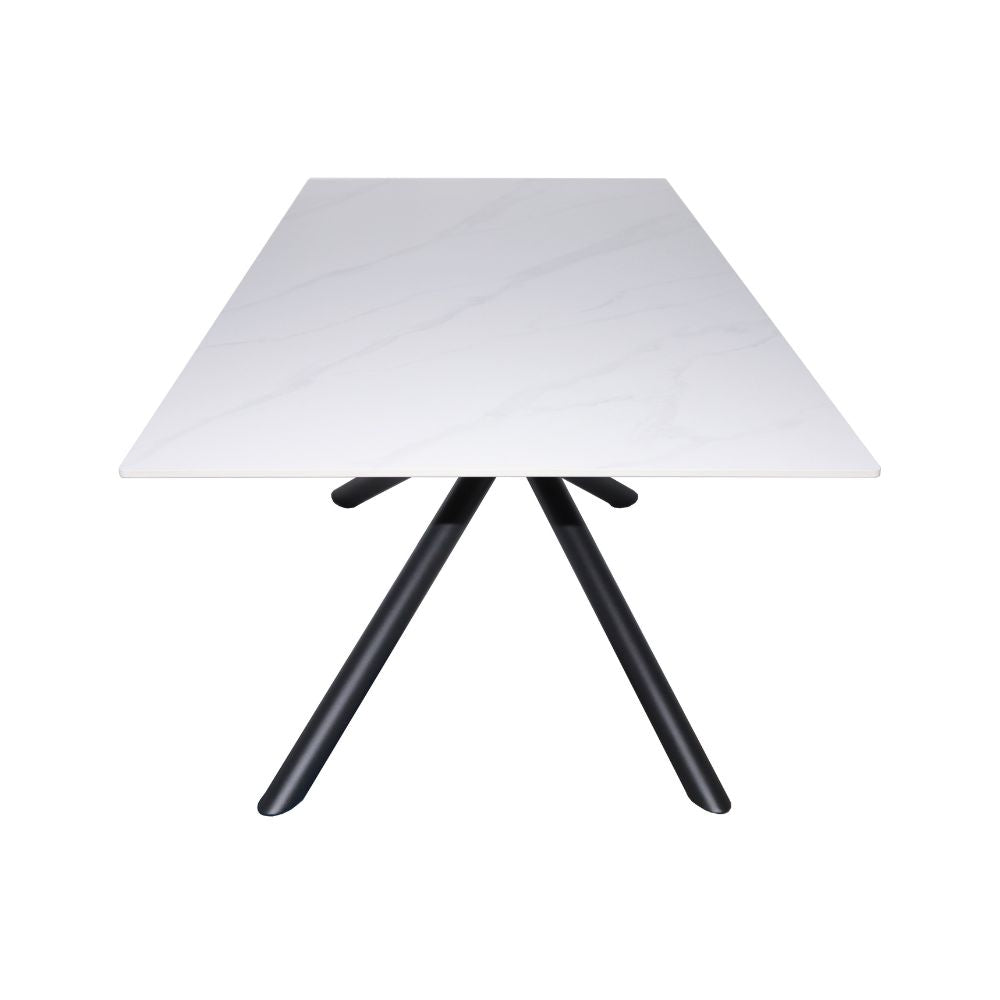 Tavolo fisso con piano effetto marmo bianco e struttura in metallo nero stile Shangai 180x90 Corveo
